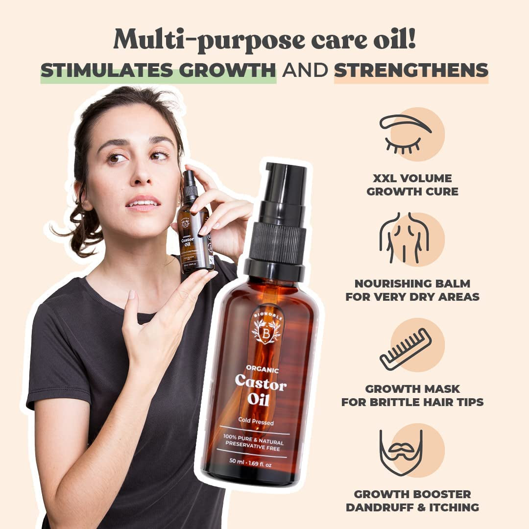 Organic Castor Oil 50Ml - 100% Pure, Natural and Cold Pressed - Lashes, Eyebrows, Body, Hair, Beard, Nails - Vegan and Cruelty Free - Glass Bottle + Pipette + Pump