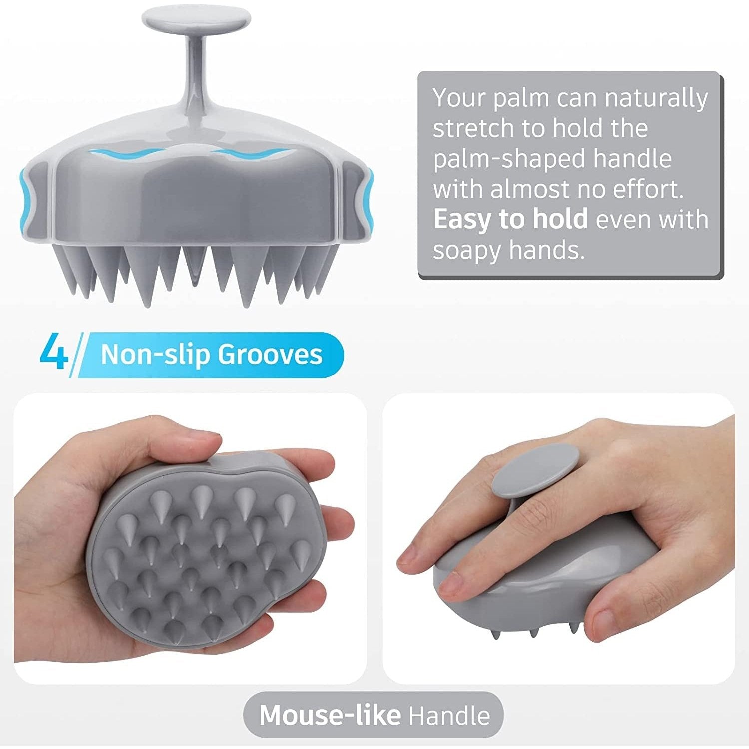 Scalp Massager Shampoo Brush with Soft & Flexible Silicone Bristles for Hair Care and Head Relaxation, Ergonomic Scalp Scrubber/Exfoliator for Dandruff Removal and Hair Growth, Grey