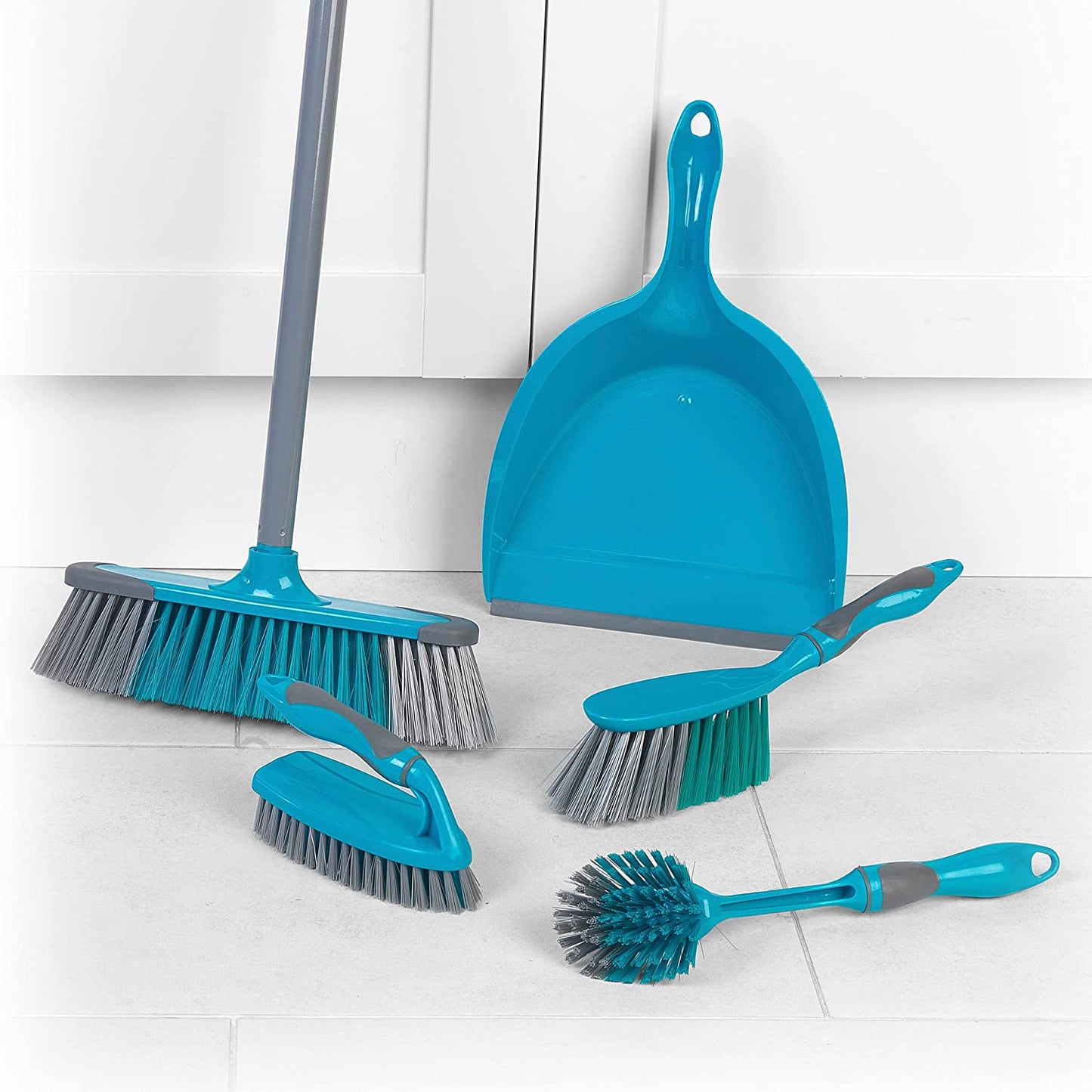 Cleaning Set with Broom 5 Piece , Dustpan and Brush, Scrubbing Brush & Dish Brush, Turquoise Clear Store