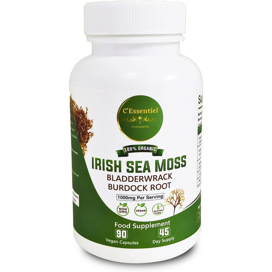 Sea Moss Organic Vegan Capsules with Bladderwrack & Burdock Root | 90 Capsules | Wild Harvested | 20:1 Extraction | High Potency 1000Mg | Natural Source of Iodine | Non GMO, Gluten Free