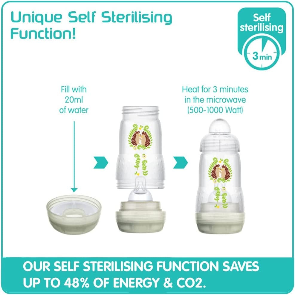 Easy Start Colours of Nature Self Sterilising Anti-Colic Baby Bottle (2 X 260 Ml Foxes), Medium Flow  Teats Size 2, Reduced Colic Baby Bottle , Newborn Essentials