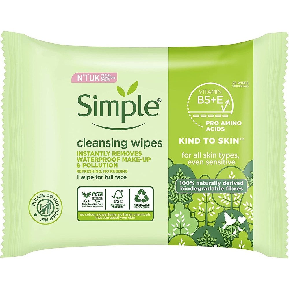 Simple Kind to Skin Cleansing Facial Wipes Pack of 6 Uk'S #1 Facial Skin Care Brand* Face Wipes for Sensitive Skin 25 Pc