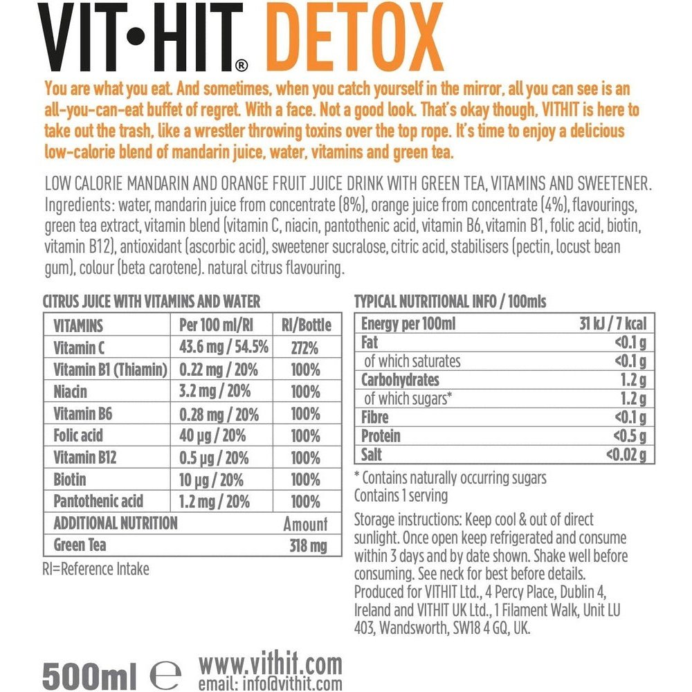 DETOX - Mandarin + Orange, Green Tea Vitamin Drink (500Ml X 12 Bottles) Clear Store