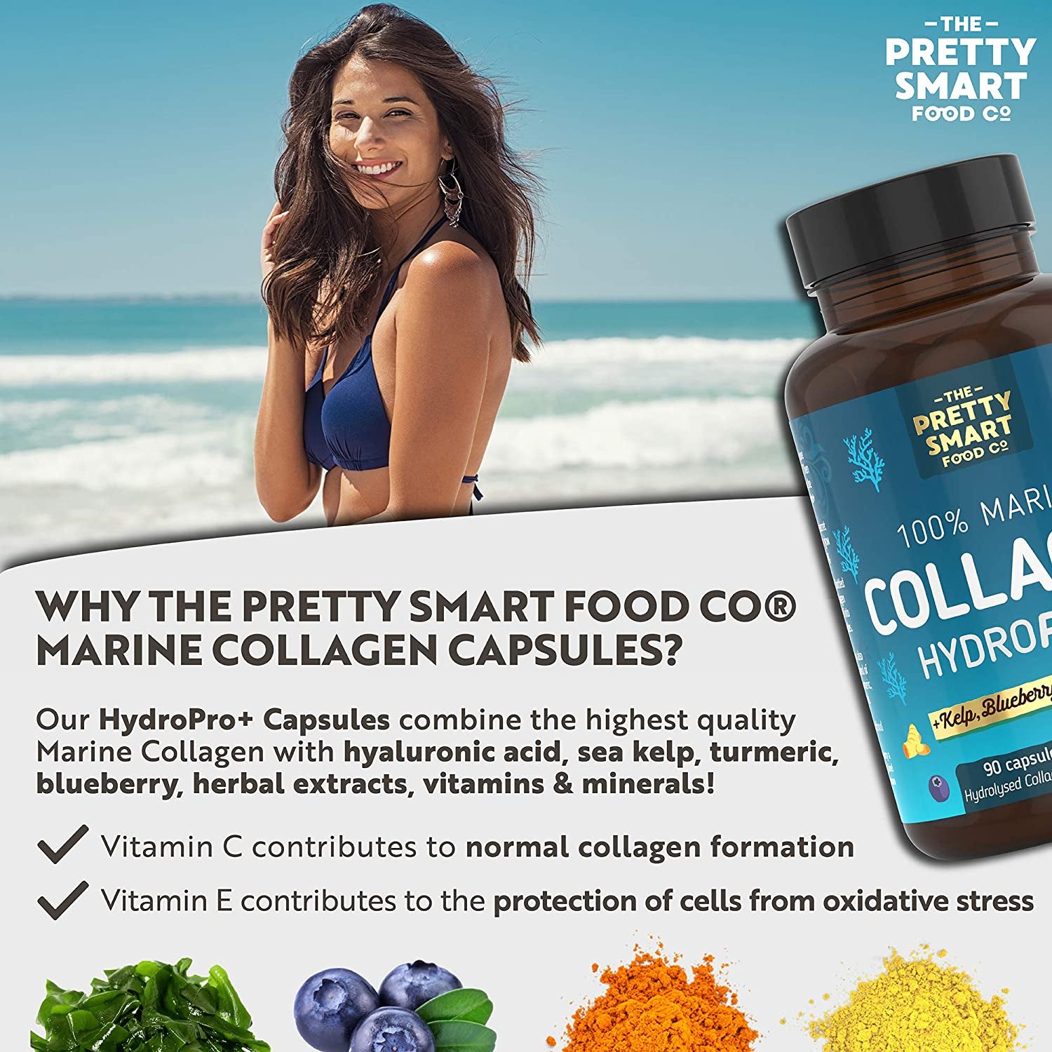 Powerful Marine Collagen Tablets - with Hyaluronic Acid, Biotin & Blueberry - 1400MG Complex - Hydrolysed Type 1 - with Vitamins & Minerals - 90 Capsules - Made in the UK by the Pretty Smart Food Co