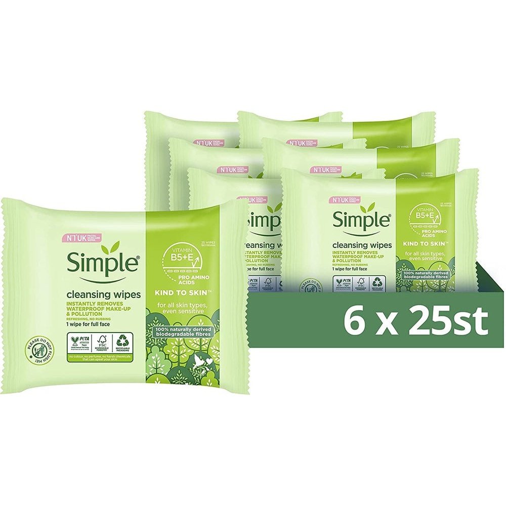 Simple Kind to Skin Cleansing Facial Wipes Pack of 6 Uk'S #1 Facial Skin Care Brand* Face Wipes for Sensitive Skin 25 Pc