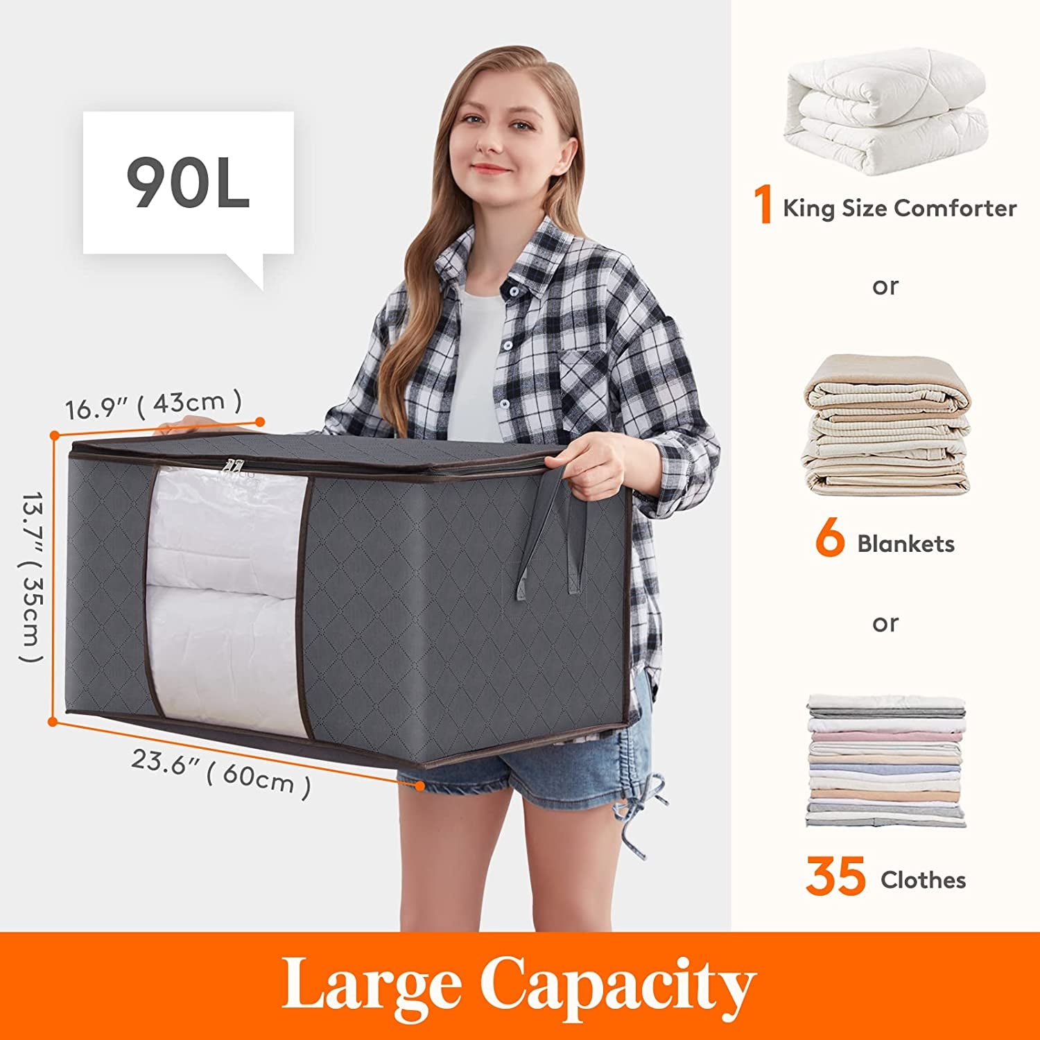 Large Capacity Clothes Storage Bag Organizer with Reinforced Handle (Grey, 3 Pack) Clear Store