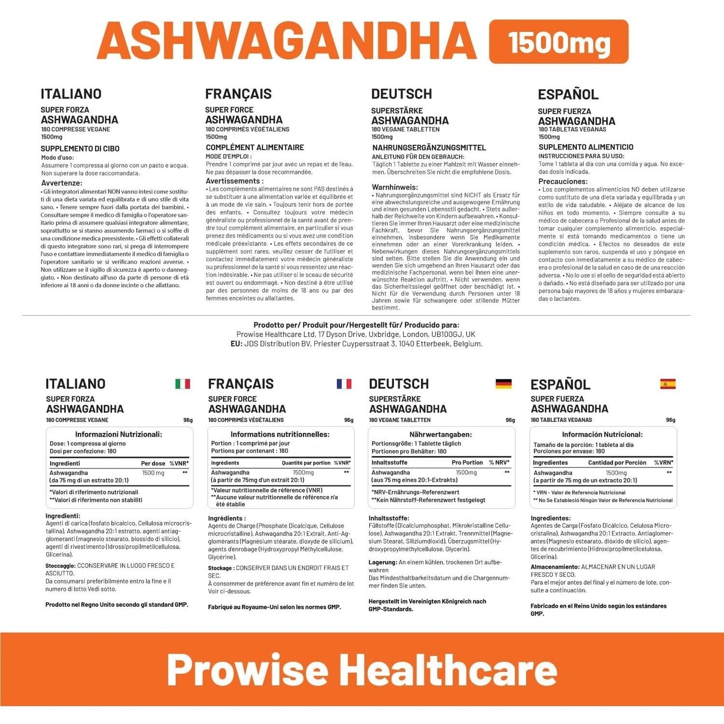 Ashwagandha 1500Mg 180 Vegan Tablets | 6 Months’ Supply | Pure High Strength Ashwagandha Root Extract | Ashwagandha Supplement | Made in UK by Prowise Healthcare