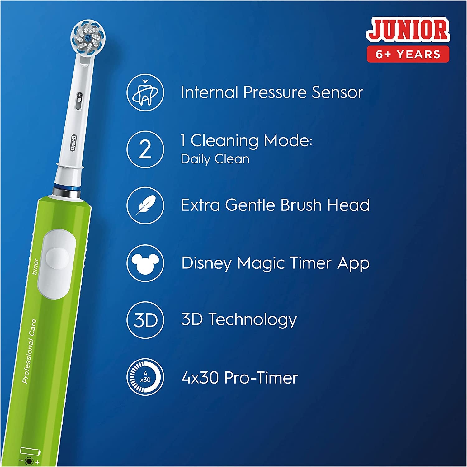 Oral-B Kids Electric Toothbrush, Gifts for Kids, 1 Toothbrush Head, with Kid-Friendly Sensitive Mode, for Junior Kids Ages 6+, 2 Pin UK Plug, Green