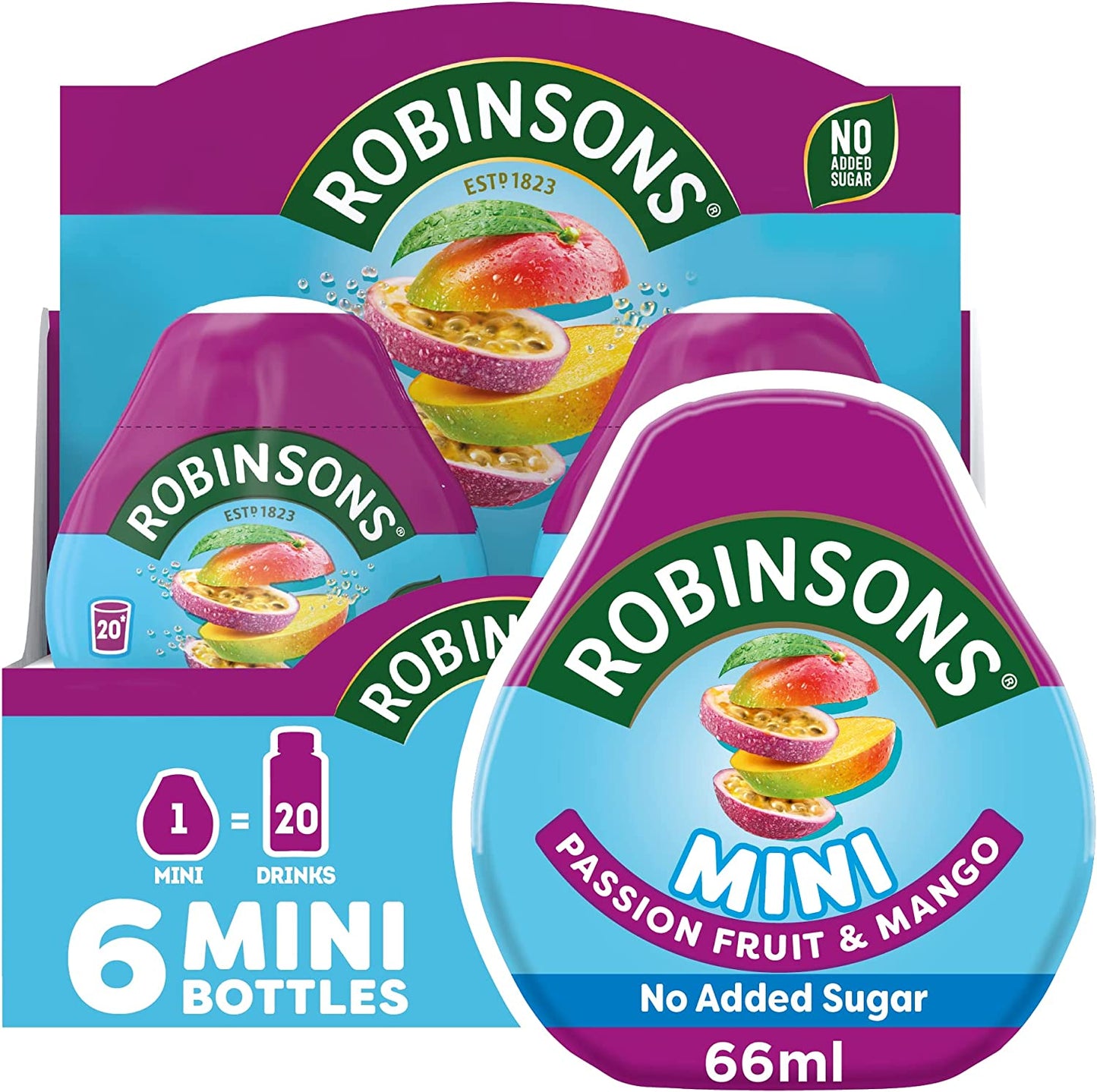 Robinsons Mini - No Added Sugar - Low Calorie - Passion Fruit and Mango - Makes 20 Drinks per Pack, 6 X 66 Ml Packs