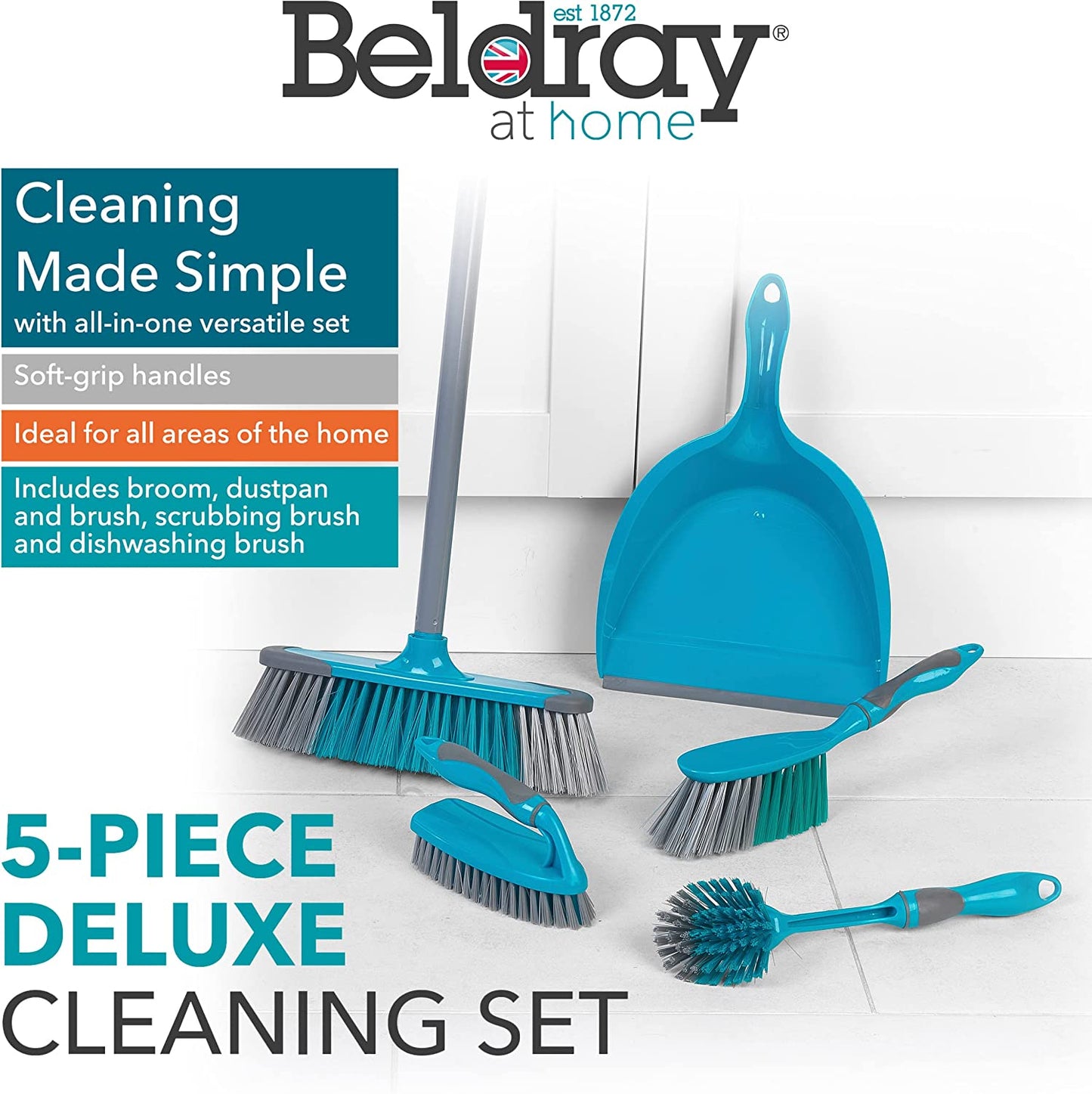 Cleaning Set with Broom 5 Piece , Dustpan and Brush, Scrubbing Brush & Dish Brush, Turquoise Clear Store