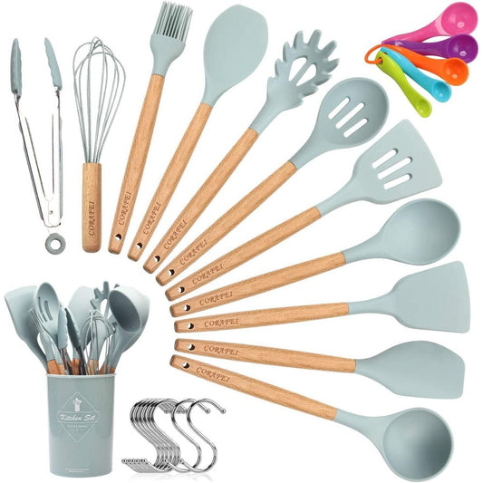 Kitchen Utensil Set Silicone Cooking Utensils - 27 Pieces Cooking Spatula Turner Heat Resistant Tools with Wooden Handle for Nonstick Non Scratch Cookware - Best Kitchen Tool Gadgets… Clear Store