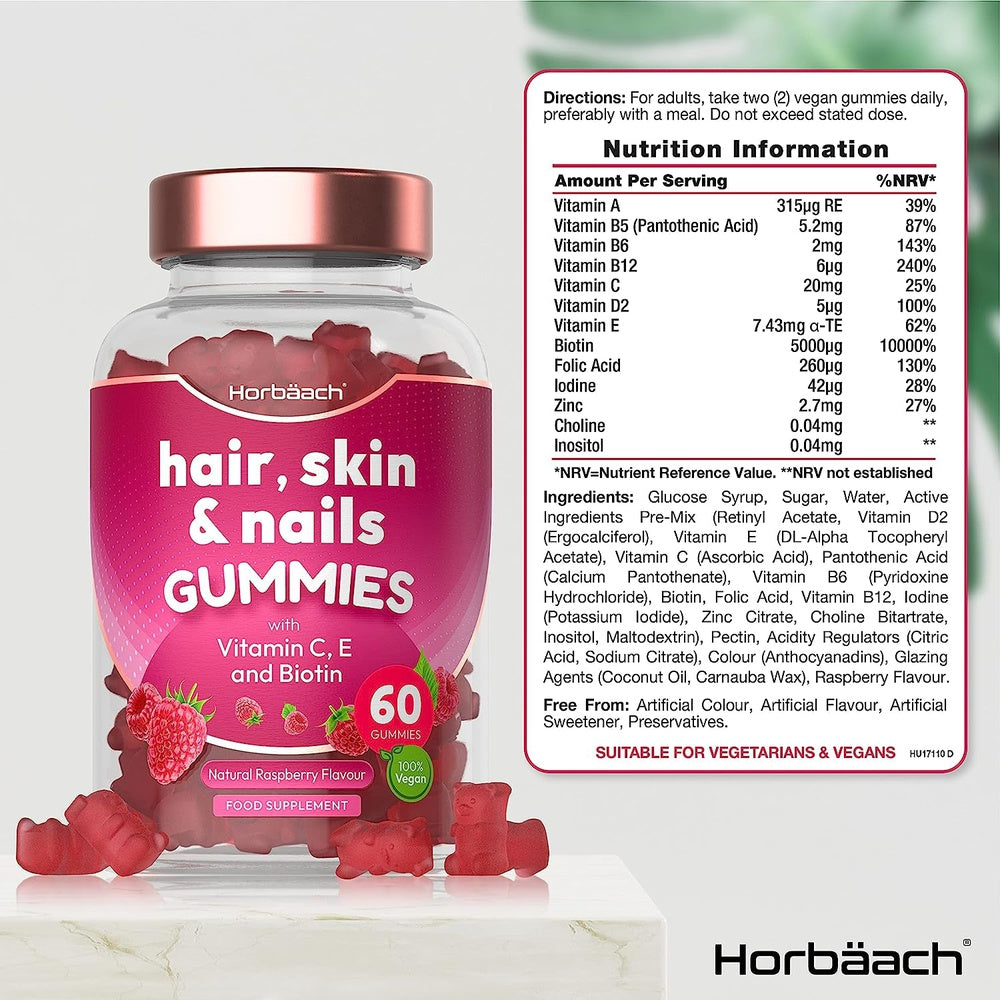 Hair Skin and Nails Vitamins, 60 Vegan Gummies , Supplement for Women and Men, 5000Mcg Biotin + Vitamin C & E Clear Store