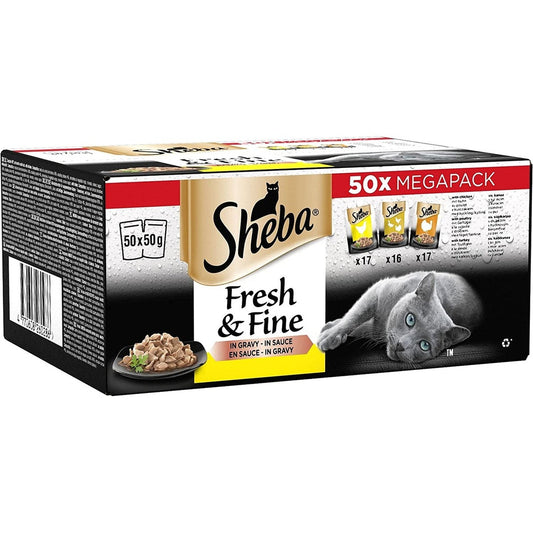 Sheba Cat Food Fresh & Fine, Cat Pouches Poultry in Gravy 50 x 50g Clear Store