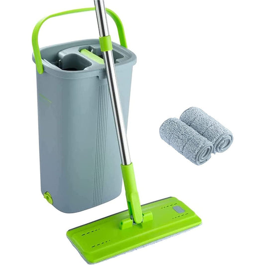 Mop and Bucket Set. Microfibre Flat Mop with Stainless Steel Handle, Innovative Twin Chamber Bucket for WET & DRY Use. 2 Reusable Pads Supplied, Suitable for All Floor Types Clear Store