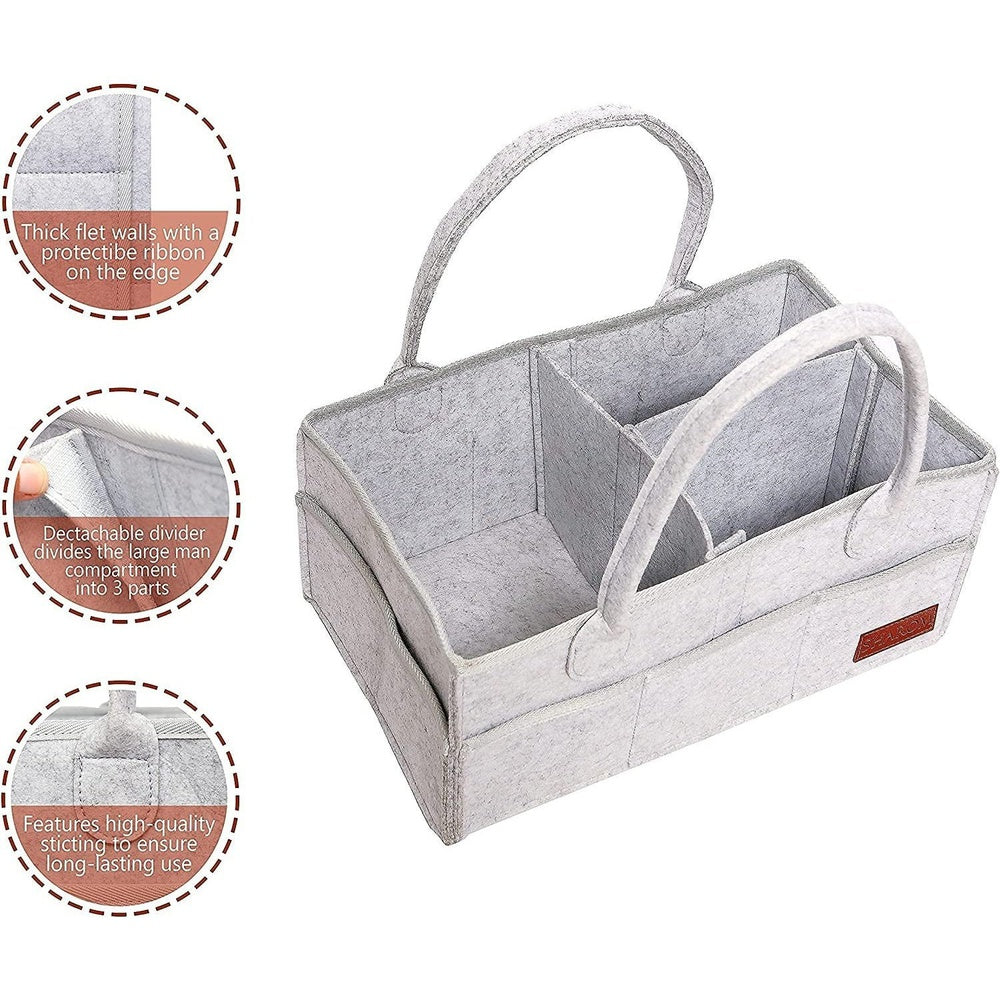 Nappy Caddy Organiser - Sturdy 3Mm Thick Portable Baby Diaper Bag for Storage - Newborn Essentials Easy to Carry Nursery Basket for Wipes and Hamper, Grey Felt Clear Store