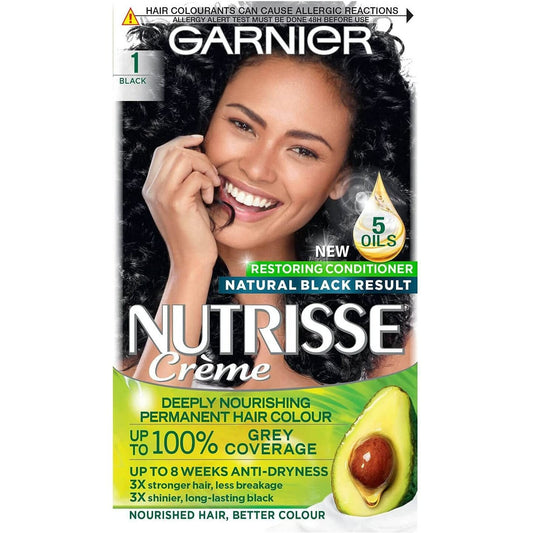 Garnier Nutrisse Permanent Hair Dye, Natural-Looking, Hair Colour Result, for All Hair Types, 1 Black