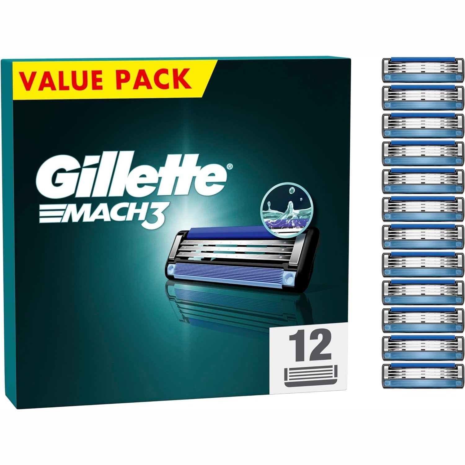 Mach3 Razor Blades Men, Pack of 12 Razor Blade Refills, Stronger than Steel Blades, Enhanced Lubrastrip