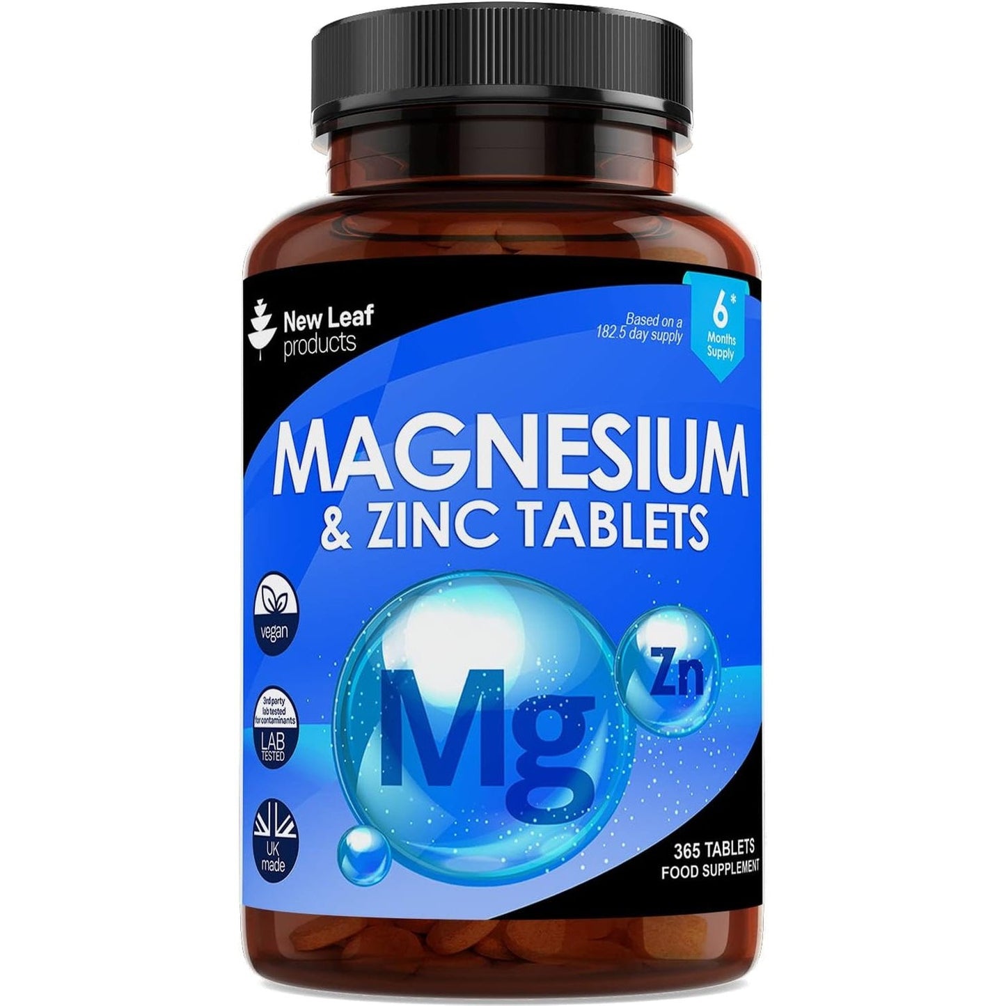 Magnesium Supplements with Zinc 365 Tablets – Bones, Muscle Immune Support Easy to Swallow Sleep Supplement Vegan, Gmo-Free, Gluten-Free, UK Made by New Leaf