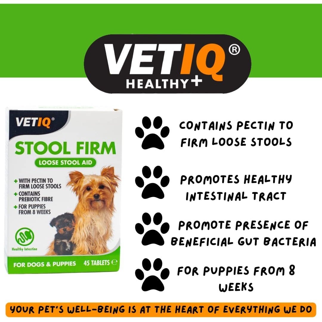 Vetiq Stool Firm Loose Stool Aid, 45 Tablets, with Pectin & Prebiotic Fibre to Firm Stools for Dogs/Puppies from 8 Weeks Clear Store