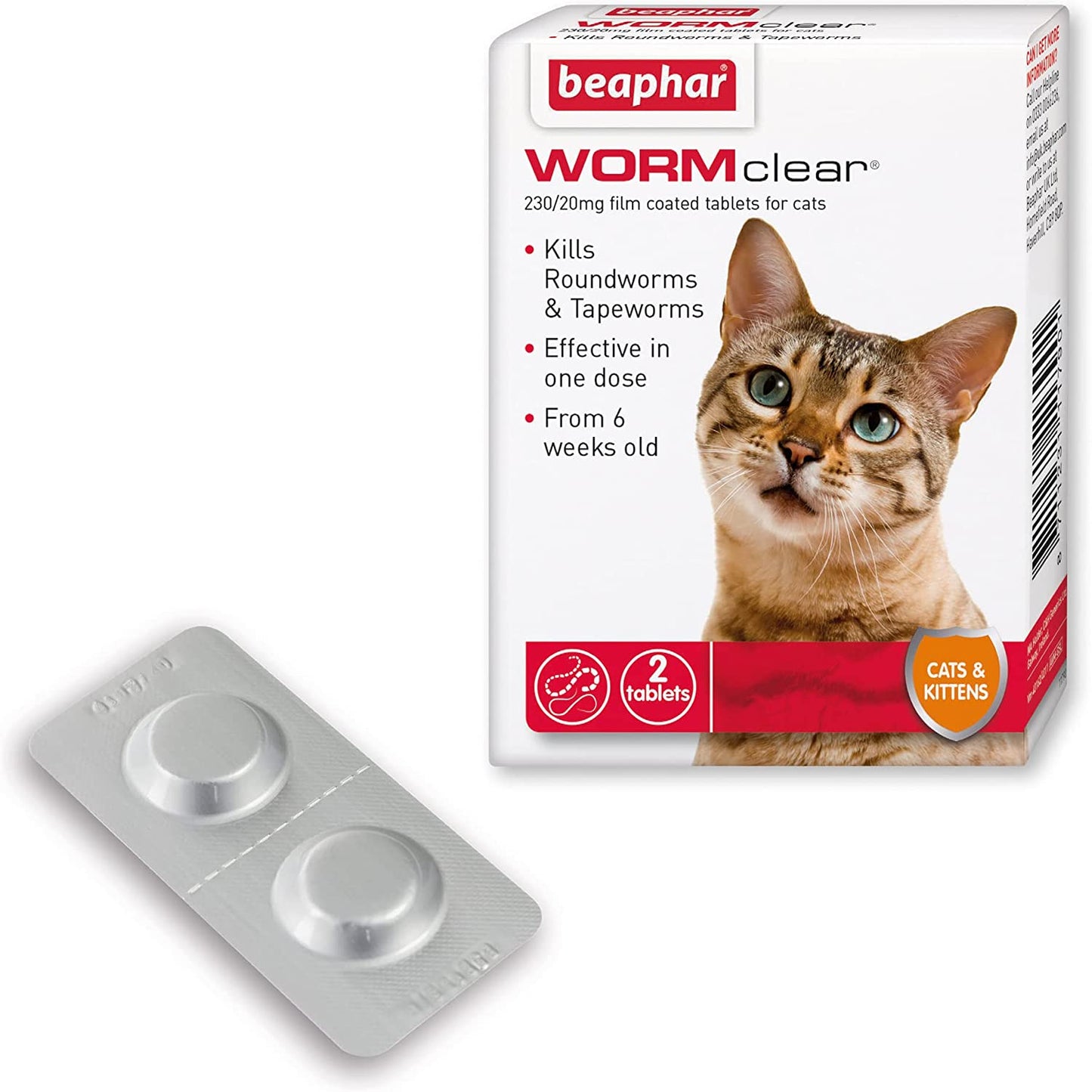 Roundworms & Tapeworms For Cats, Vet Strength Treatment, Meat-Flavoured 2 Tablets Clear Store