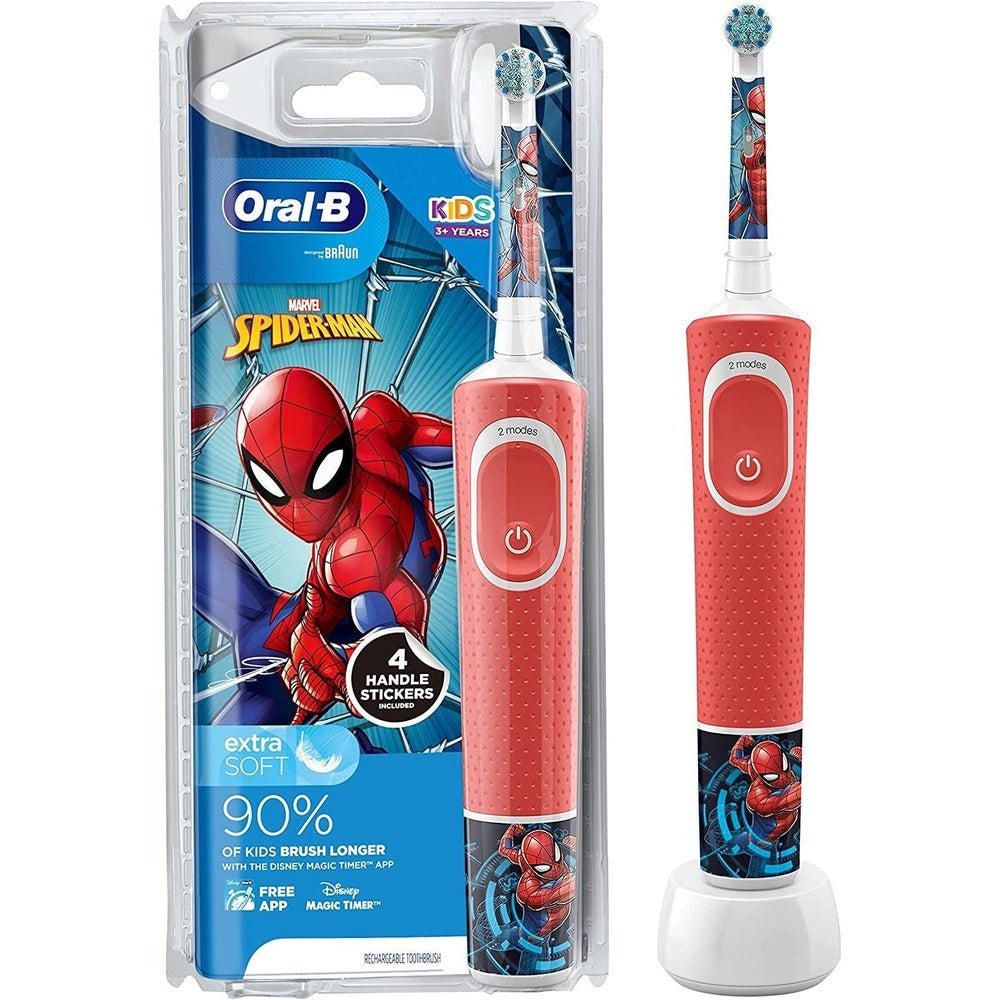 Oral-B Kids Electric Toothbrush, Gifts for Kids, 1 Toothbrush Head, X4 Spiderman Stickers, 2 Modes with Kid-Friendly Sensitive Mode, for Ages 3+, 2 Pin UK Plug, Red Clear Store