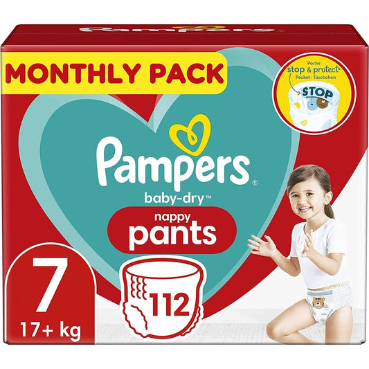 Baby Nappy Pants Size 7 (17+ Kg/37 Lb), Baby-Dry, 112 Nappies, MONTHLY SAVINGS PACK, with a Stop & Protect Pocket to Help Prevent Leaks at the Back