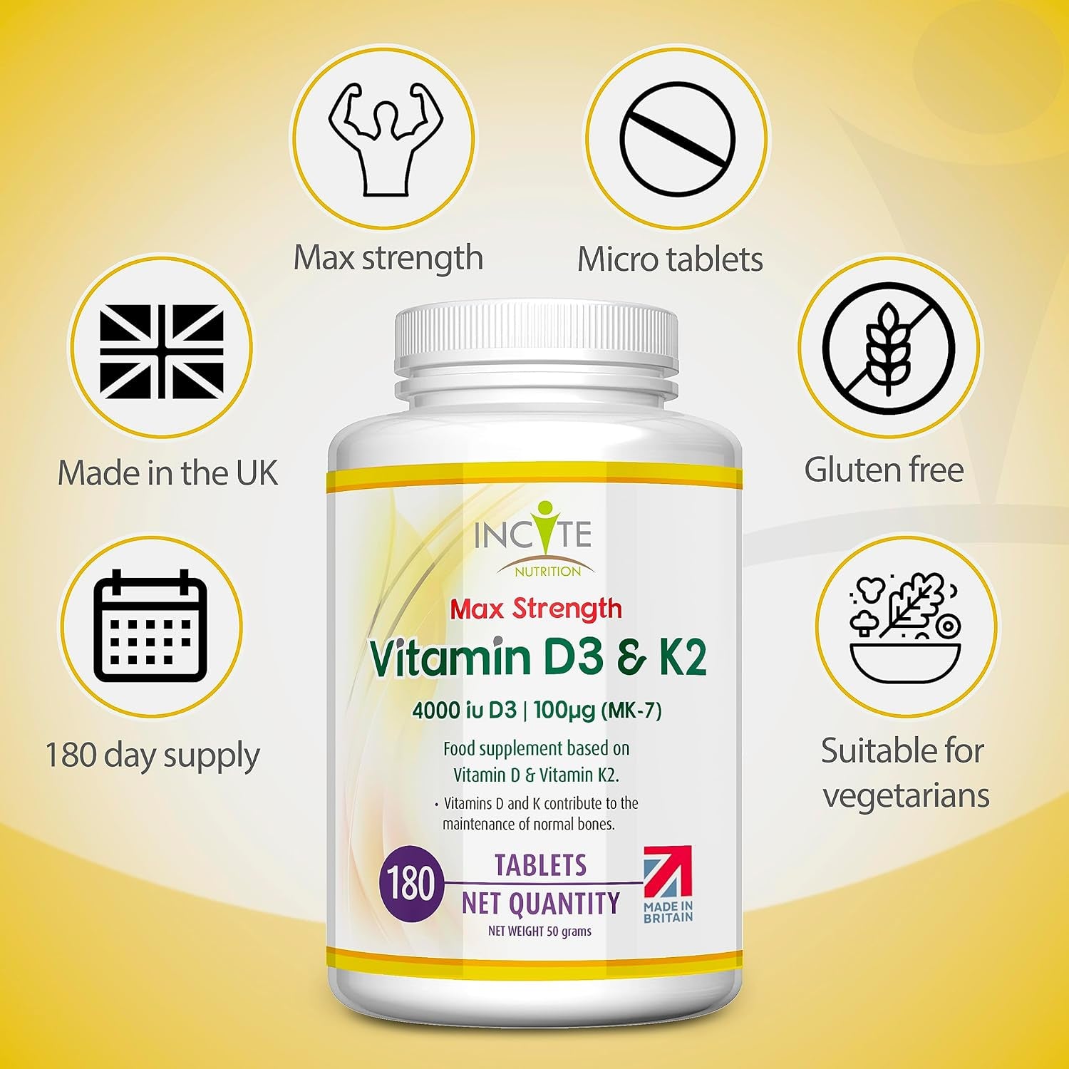 Vitamin D3 K2 (MK7) 100 UG - 180 Premium Vegetarian Tablets - 6 Month’S Supply - High Strength Quality Vitamin D3 4000, Vitamin K2 - Made in the UK by ®