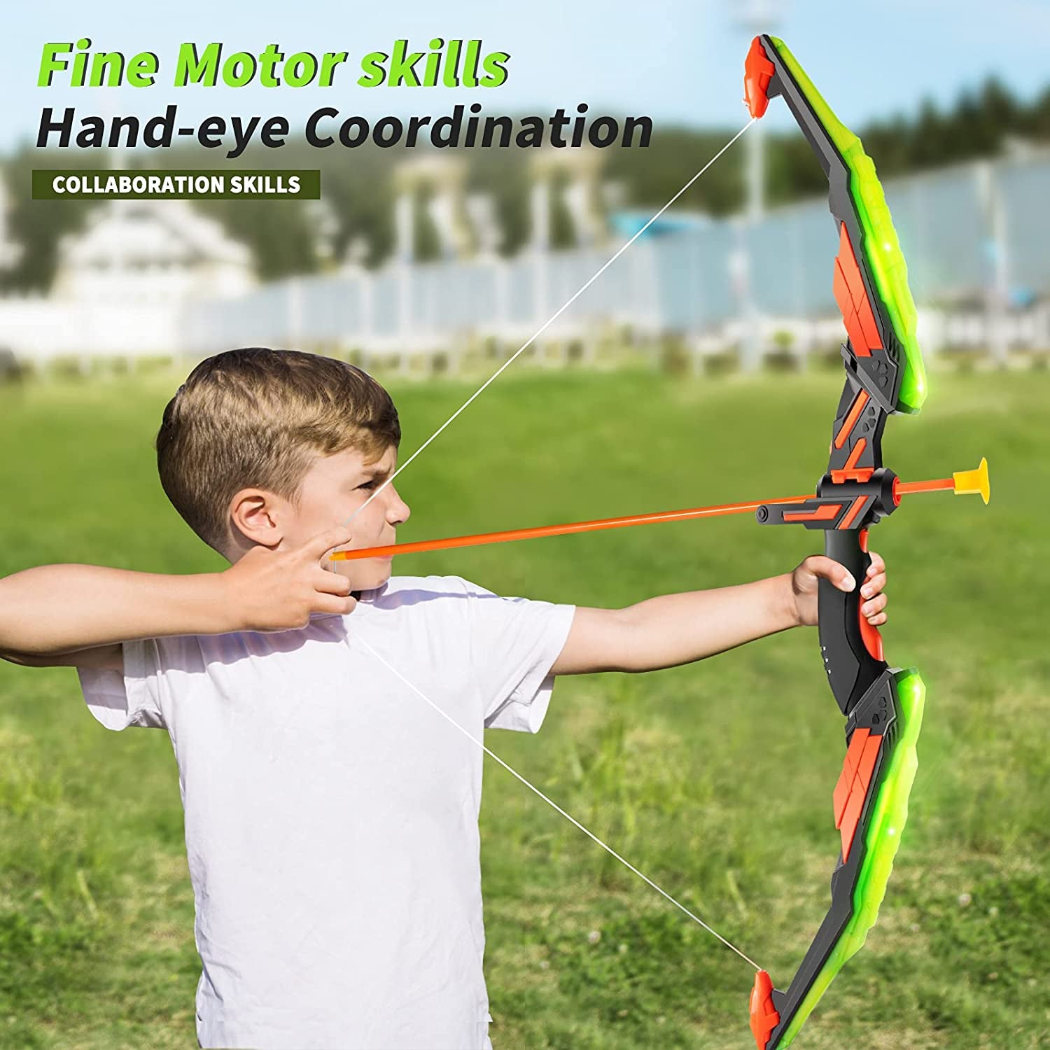 Kids Bow and Arrow Set - LED Light up Archery Toy Set with 10 Suction Cup Arrows, Target & Quiver, Indoor and Outdoor Toys for Children Boys Girls