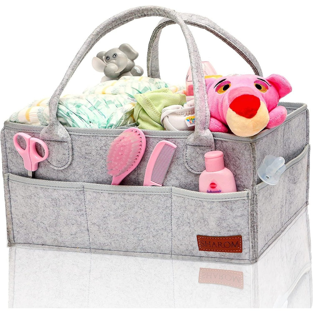 Nappy Caddy Organiser - Sturdy 3Mm Thick Portable Baby Diaper Bag for Storage - Newborn Essentials Easy to Carry Nursery Basket for Wipes and Hamper, Grey Felt Clear Store