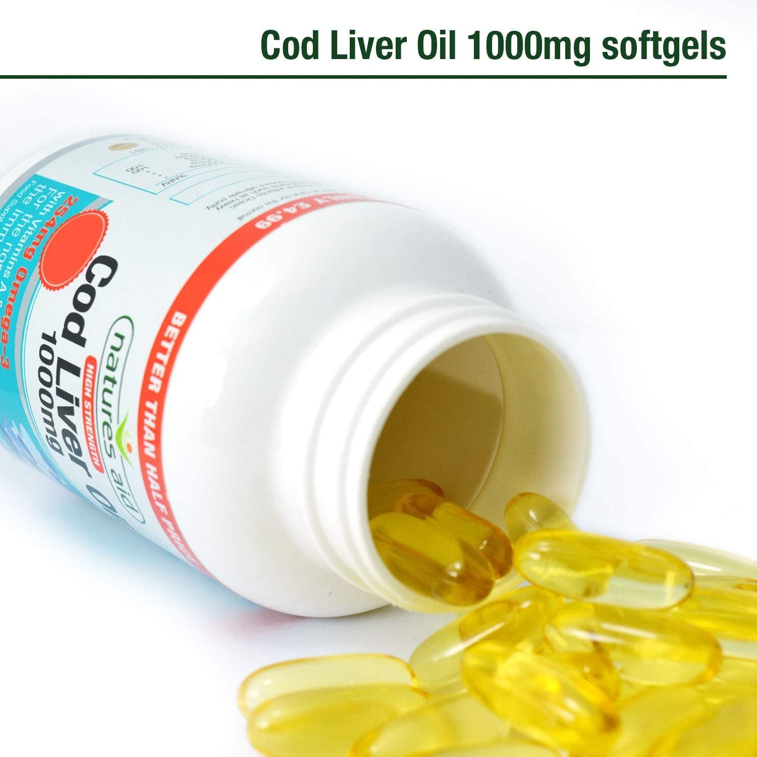 Natures Aid Cod Liver Oil, 1000 Mg, 180 Softgel Capsules, High Strength, 254 Mg Omega-3 with Vitamins A and D Clear Store