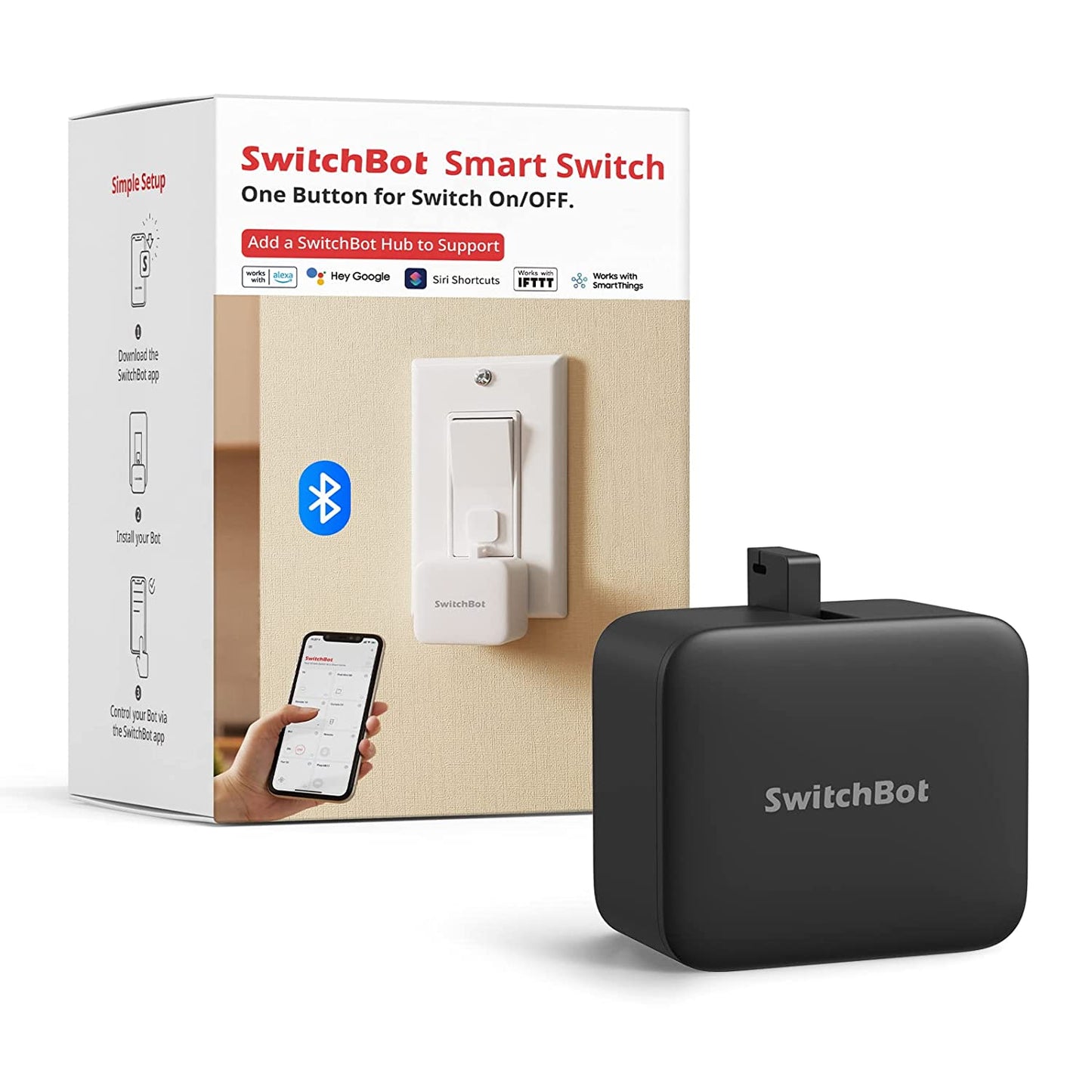 Smart Switch Button Pusher - Bluetooth App or Timer Control, Easy to Use with Push/Press/Custom Mode, Need  Hub to Be Compatible with Alexa, Google Assistant, Siri, IFTTT (Black)