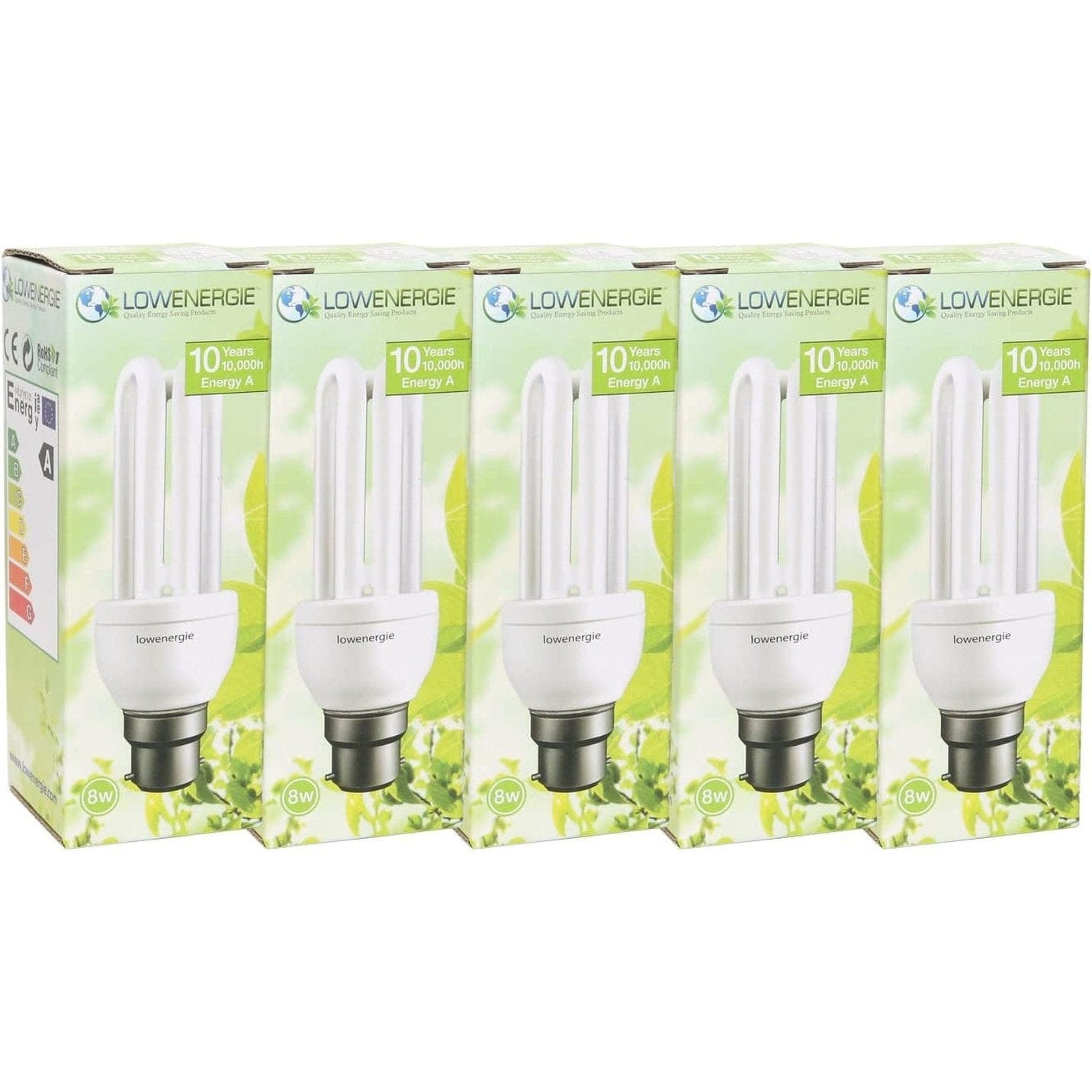 Warm White Energy Saving CFL Light Bulbs 8W (=40W), B22 B22D BC Bayonet Cap, Stick, 10 Years by Lowenergie (5) Clear Store