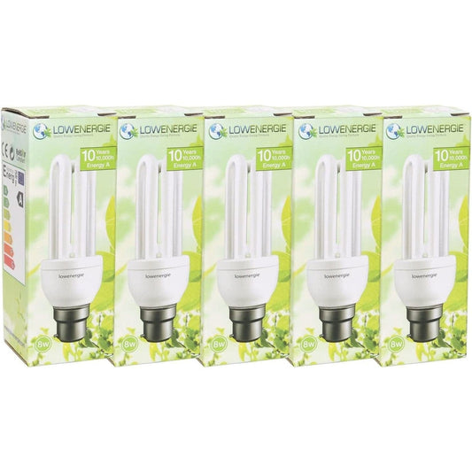 Warm White Energy Saving CFL Light Bulbs 8W (=40W), B22 B22D BC Bayonet Cap, Stick, 10 Years by Lowenergie (5) Clear Store