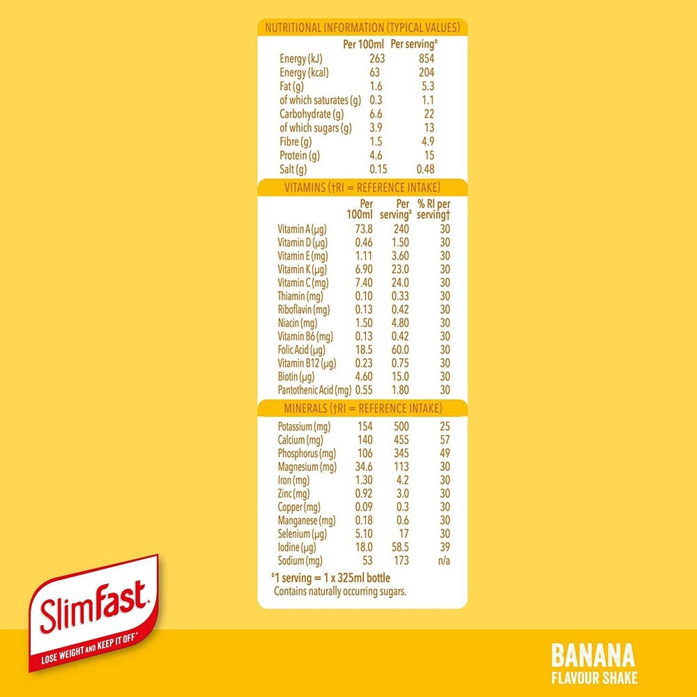 Slimfast Ready to Drink Shake, Balanced Shake with Vitamins and Minerals, No Sugar, Banana Flavour, 6 X 325ml Clear Store