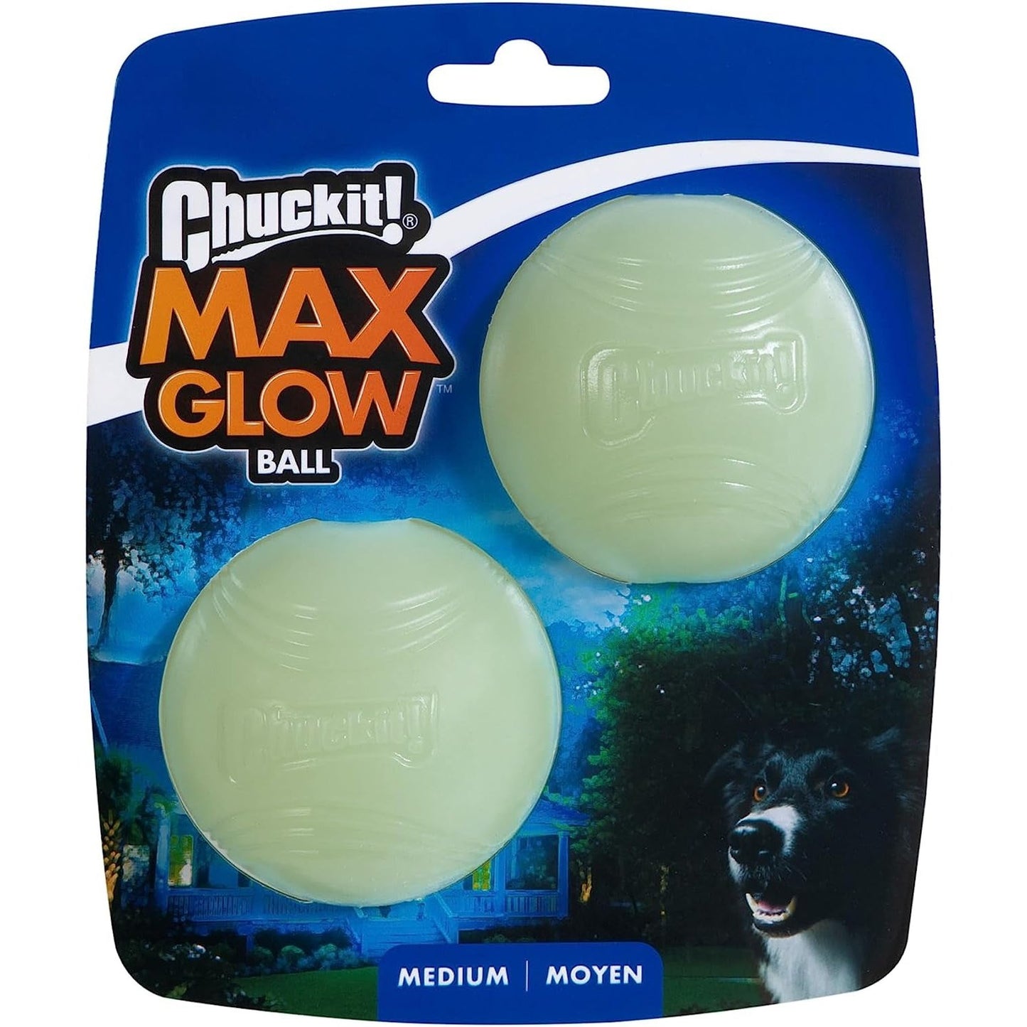 Max Glow Dog Ball Glow in the Dark Light up Ball High Visibility Fetch Dog Toy, 2 Pack, Medium